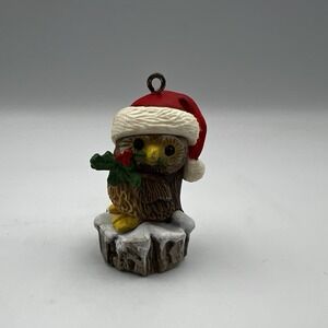 Vintage 1980 Hallmark Keepsake Christmas Owl In Santa Hat Holly Ornament